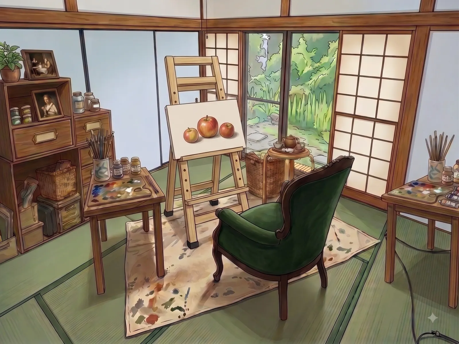 和室をアトリエとして使っているイメージ画像。畳に絵の具で汚れた敷き布を広げ、イーゼルに描きかけの静物画、脇の机にパレットと筆、窓の外に庭の緑